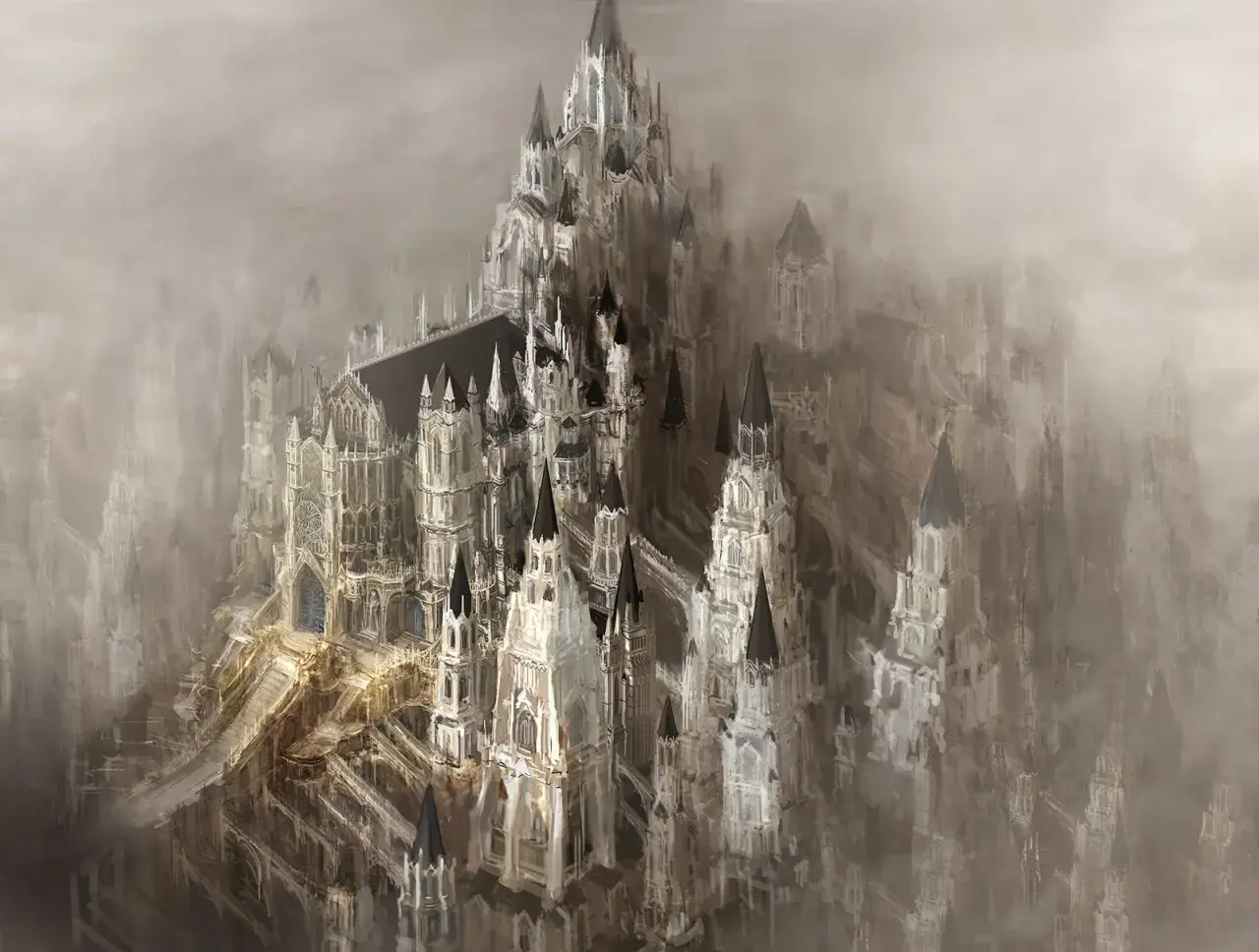 Majestatyczny, mglisty krajobraz z architekturą przypominającą Anor Londo, z licznymi wieżami i katedrami.