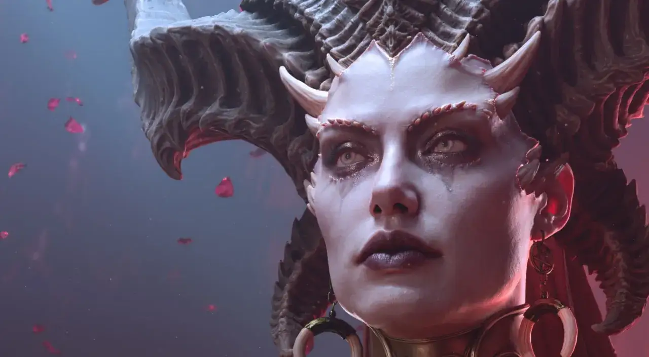 Lilith z Diablo 4, z rogami i ozdobami, w otoczeniu płatków róż.