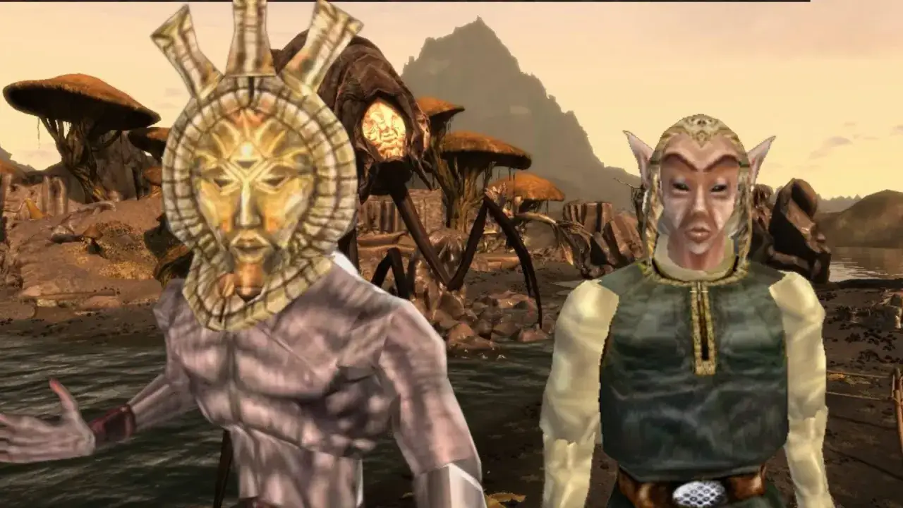 Dwaj bohaterowie w Morrowind remastered stoją na tle dziwacznego krajobrazu z gigantycznymi grzybami i stworzeniem przypominającym pająka.