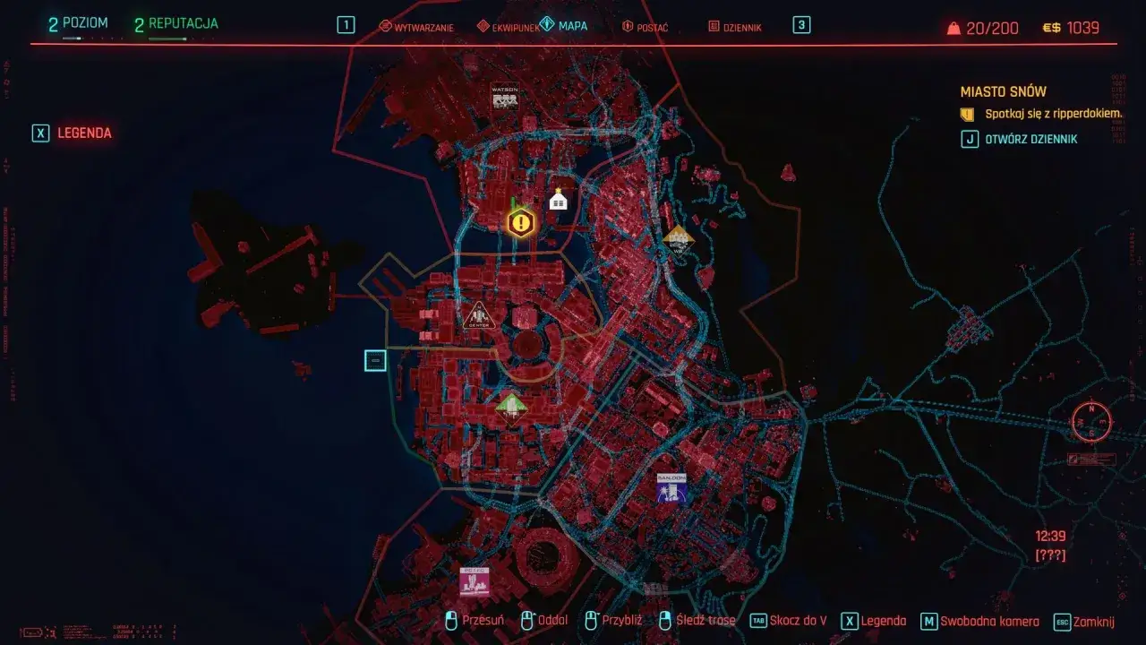 Mapa nocnego miasta w stylu cyberpunk. Czerwone i niebieskie linie wyznaczają ulice i budynki, tworząc gęstą sieć.