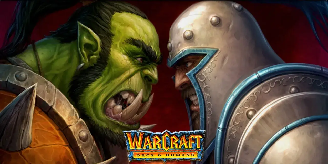 Zbliżenie na twarze orka i człowieka, gotowych do walki w świecie Warcraft.