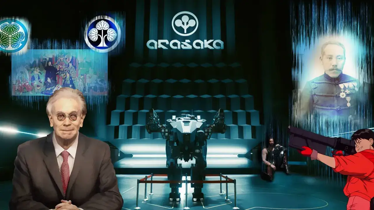 Wizja Arasaka: stary mężczyzna, mech, japońskie symbole i postać z pistoletem.