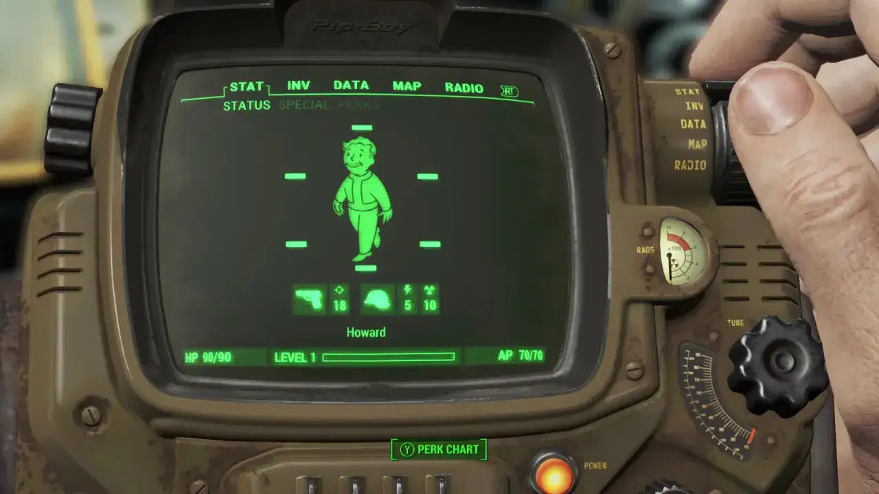Pip-Boy z gry Fallout 4, wyświetla status postaci i ekwipunek. Gracze szukający fallout 4 kody mogą tu znaleźć informacje o perkach.