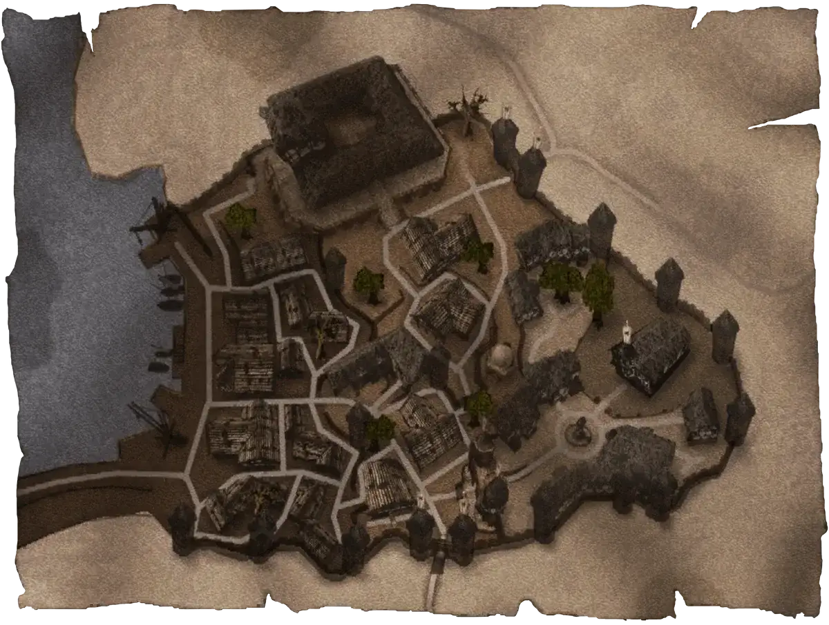 Mapa Khorinis z gry Gothic 2. Widok z lotu ptaka na miasto z portem, budynkami i murami obronnymi.