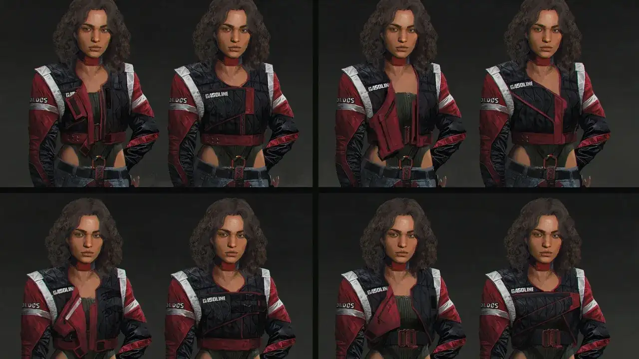 Cztery wersje Panam z Cyberpunk 2077 w skórzanej kurtce z napisem