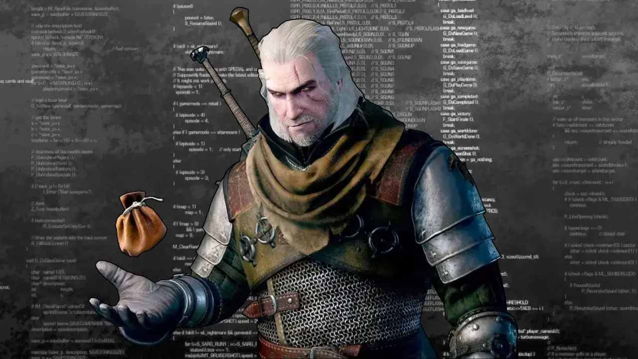 Wiedźmin 3 buildy: Geralt z Rivii z sakiewką i kodem gry w tle.