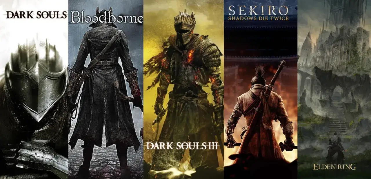 Kolaż z gier od FromSoftware: Dark Souls, Bloodborne, Sekiro i Elden Ring.