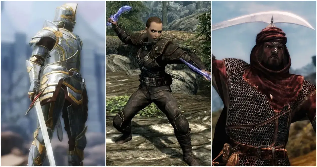 Trzy postacie z gry Skyrim: rycerz w zbroi, wojowniczka z magicznymi sztyletami i wojownik w kolczudze. Różnorodne skyrim builds.