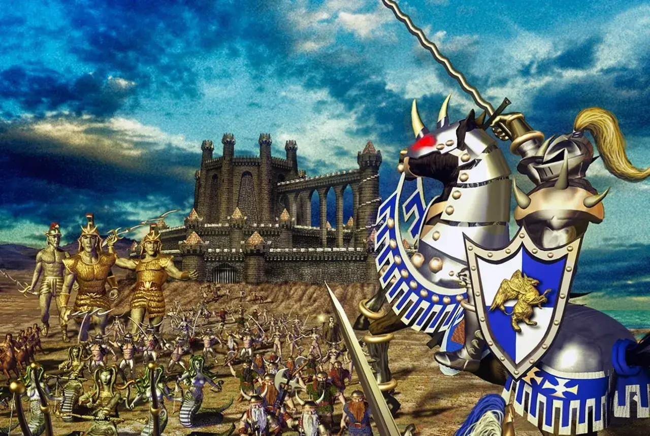 Bitwa pod zamkiem, rycerz na rumaku, armia potworów i ludzi. Czyżby to były heroes 3 kody?