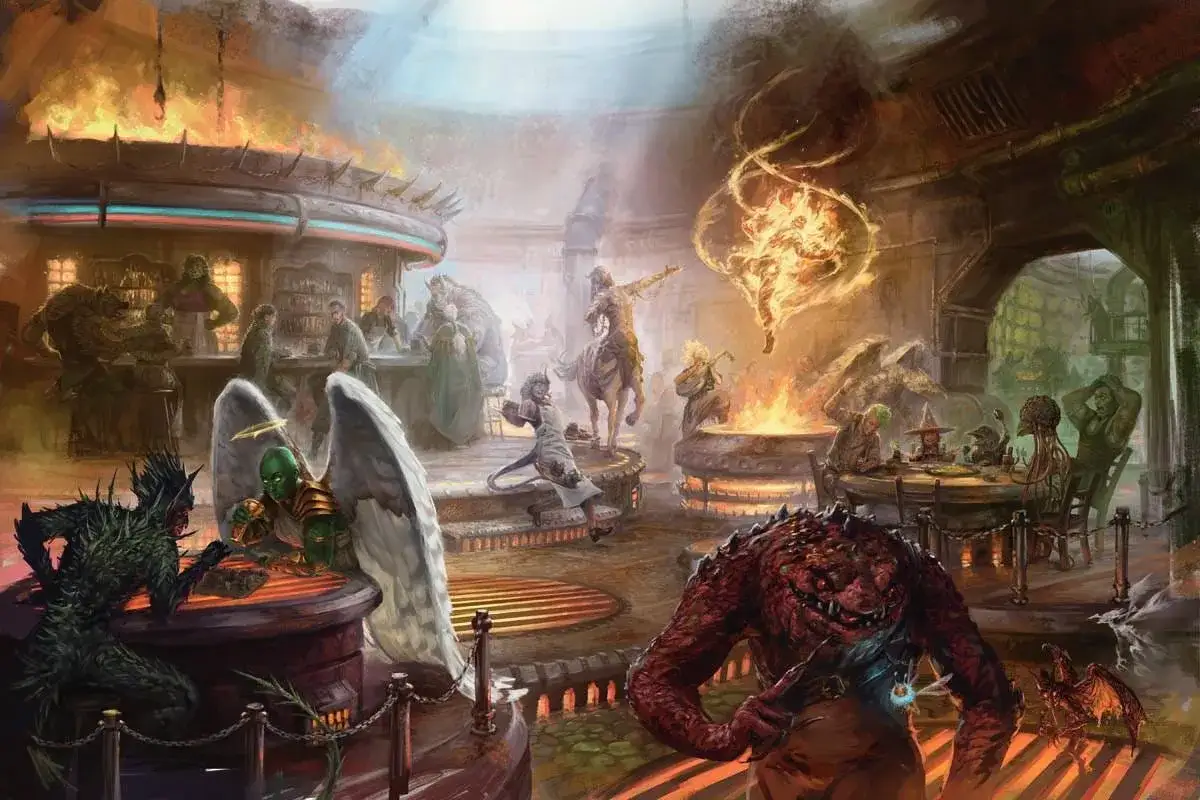 Tętniący życiem planescape: anioł, potwór i centaur w tawernie, gdzie toczy się gra, a ogień tańczy.