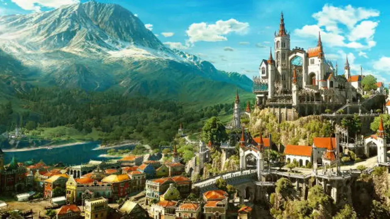Wiedźmin Geralt przemierza malownicze tereny z zamkiem na wzgórzu i ośnieżonymi górami w tle.