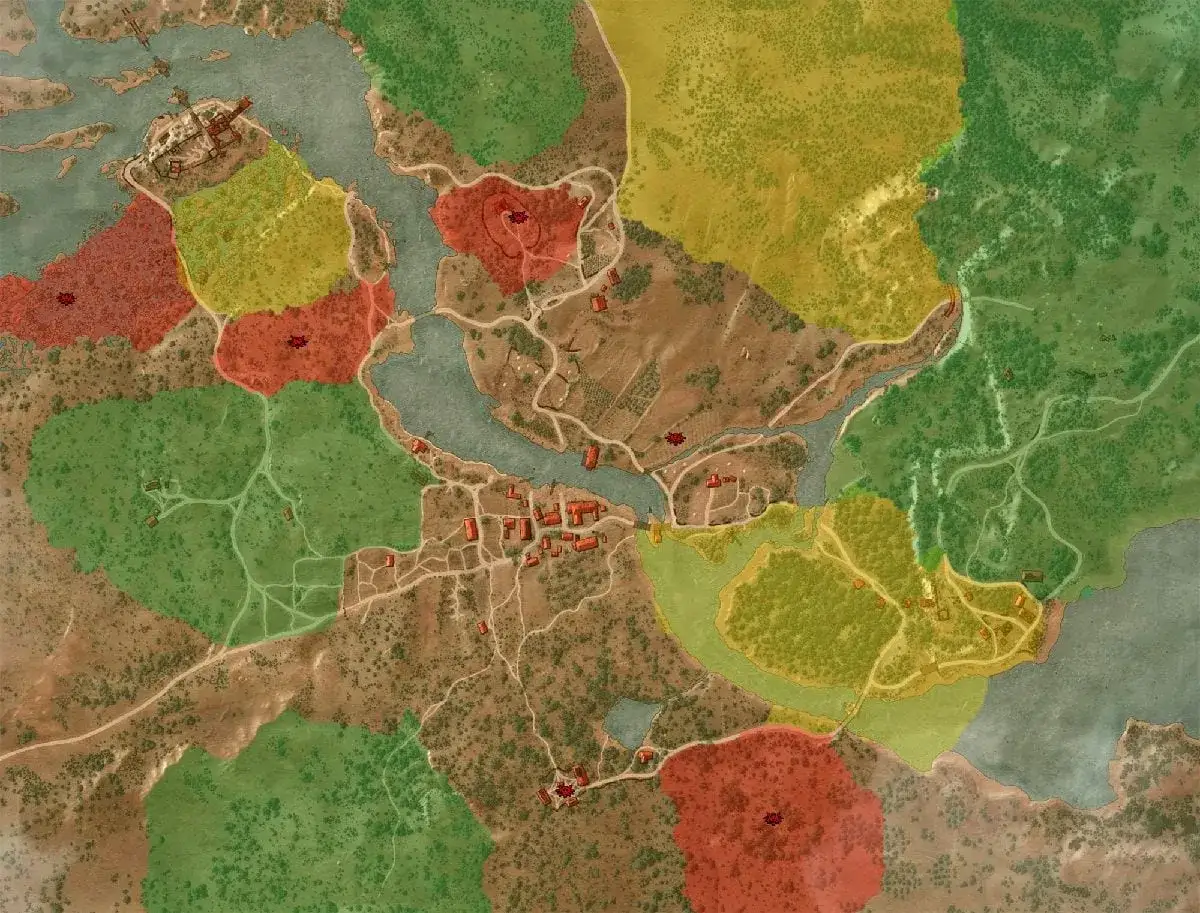 Mapa świata Wiedźmin 3: Dziki Gon. Kolorowe obszary wskazują różne regiony, takie jak Velen, Novigrad i Skellige.