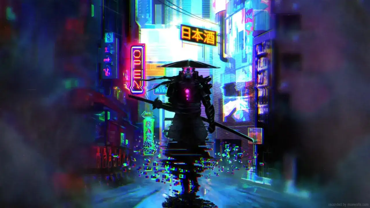 Cyberpunkowy samurai w neonowym mieście, z mieczem w dłoni, otoczony cyfrowym szumem.