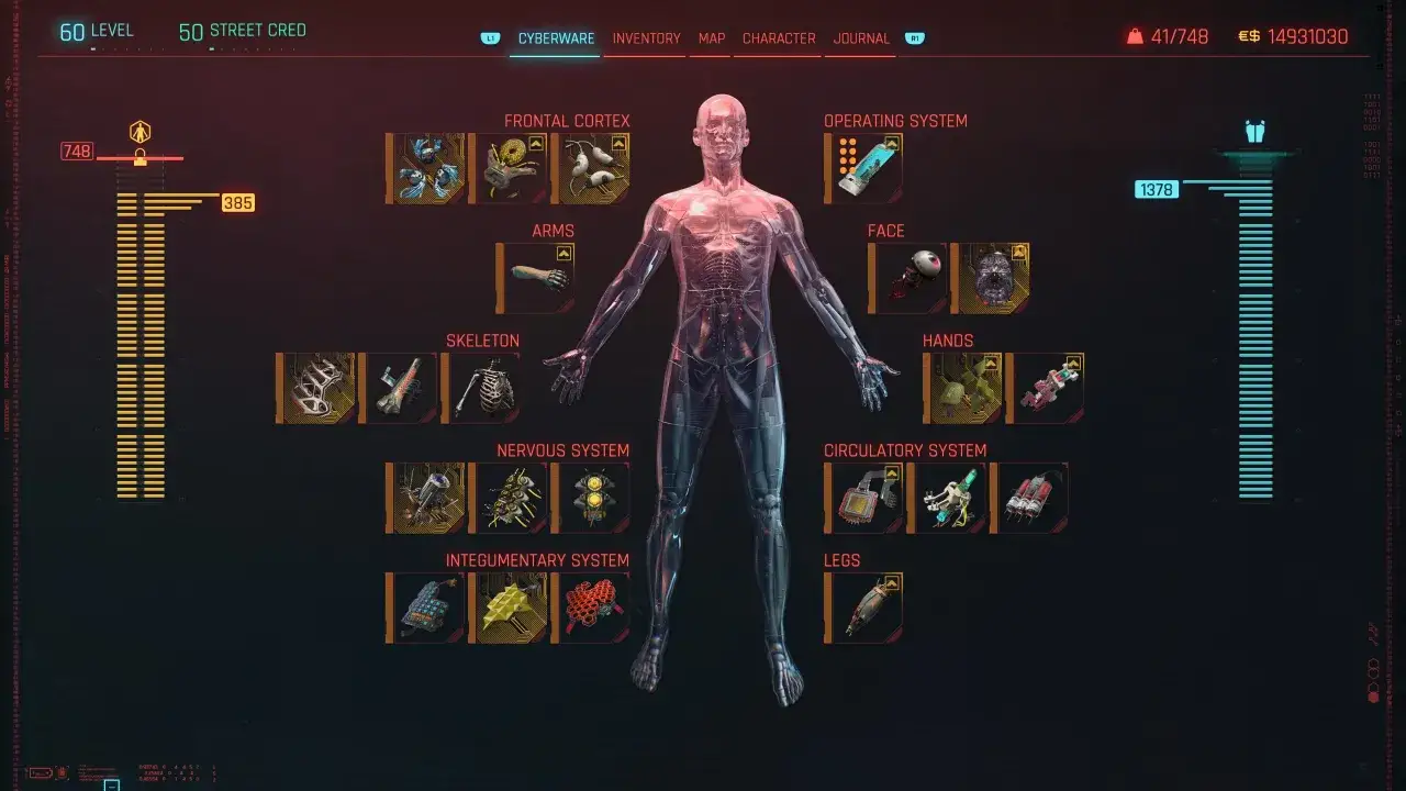 Cyberpunk czynnik ludzki: interfejs pokazuje cyberwszczepy dla mózgu, szkieletu, układu nerwowego i innych.