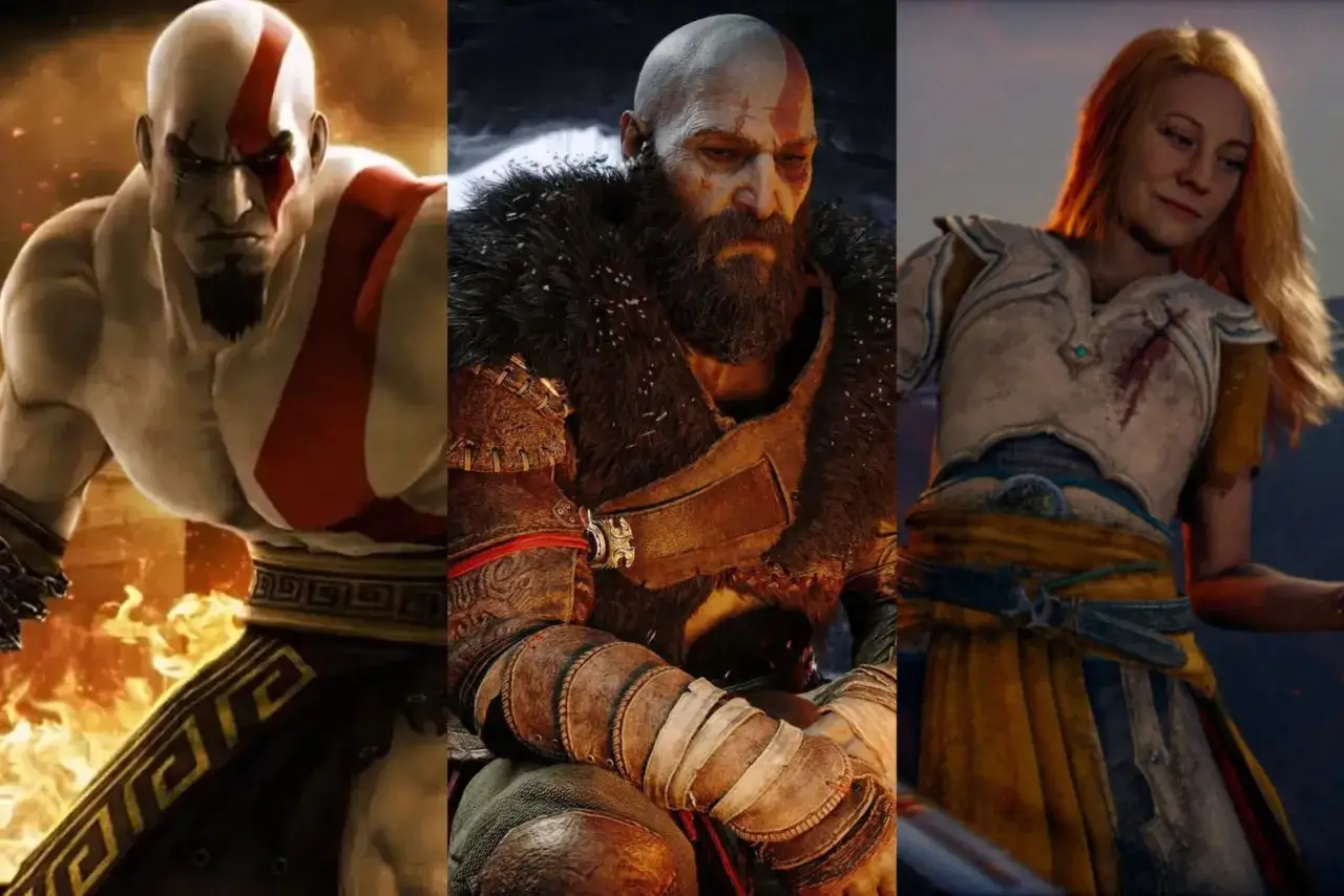 Kratos, bóg wojny, w różnych odsłonach. Obok niego jego syn Atreus i Freya.