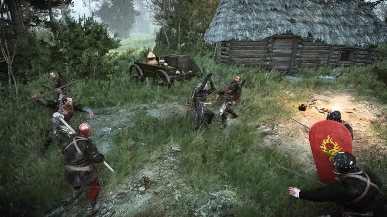 Geralt walczy z bandytami w lesie. Scena z Wiedźmin 3 Edycja Kompletna.