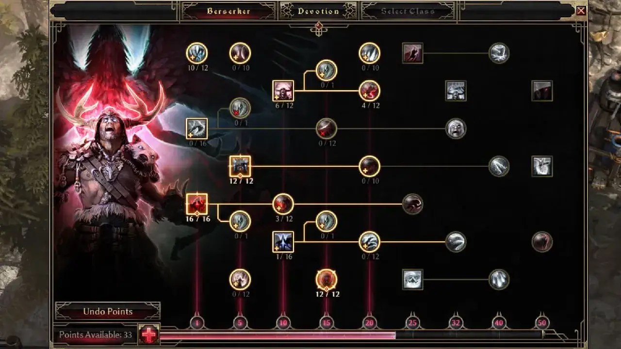 Drzewko umiejętności Berserkera w Grim Dawn, z zaznaczonymi punktami. Idealne dla graczy szukających potężnych grim dawn builds.