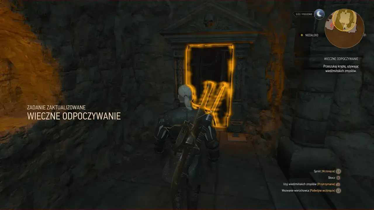 Geralt stoi przed wejściem do krypty, gdzie czeka go zadanie