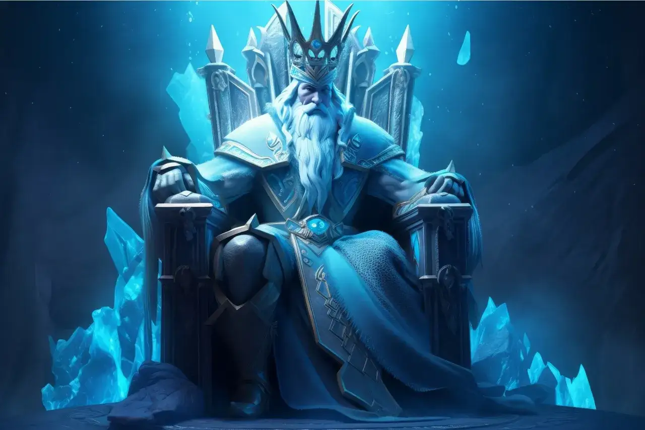 Lodowy tron króla mrozu, Lich King, otoczony kryształami.