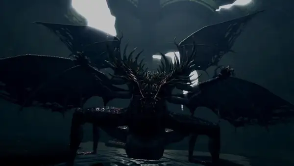 Potężny, mroczny, **gaping dragon** z wieloma skrzydłami i kolczastą głową, czai się w mroku.
