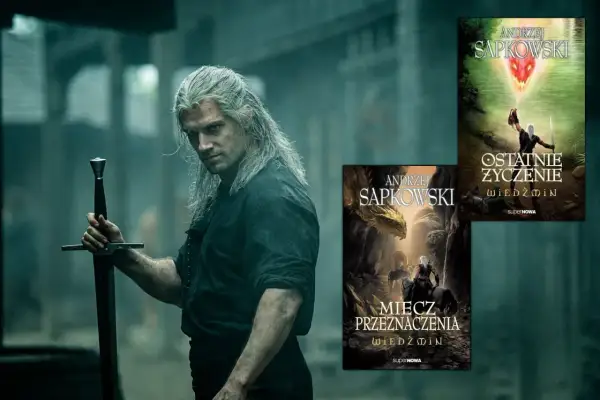 Geralt z Rivii z mieczem w dłoni, obok okładki książek "Miecz przeznaczenia" i "Ostatnie życzenie" - idealne do recenzji Wiedźmina.