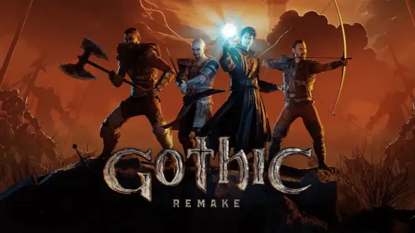 Czterech bohaterów, w tym mag z kulą energii, wojownik z toporem i łucznik, przygotowuje się do walki w świecie gry Gothic Remake.