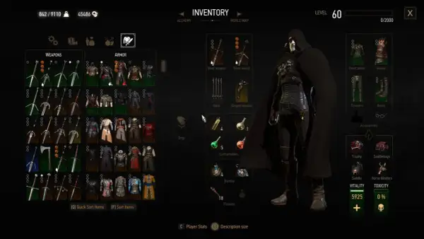 Geralt w zbroi, przegląda ekwipunek w grze Wiedźmin 3. Widać bronie, pancerze i przedmioty, które można zdobyć dzięki modom do Wiedźmina 3.