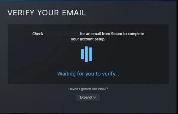 Ekran weryfikacji adresu email na Steam.