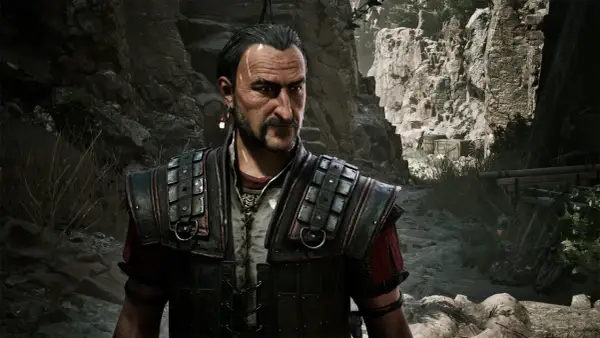 Postać z gry Gothic 2 Remake w zbroi, na tle skalistego krajobrazu.