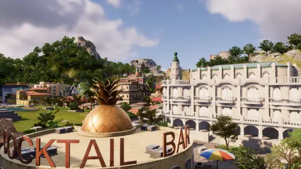 Tropico 6 spolszczenie: złoty ananas na dachu koktajl baru, tropikalne miasto z kasynem i górami w tle.