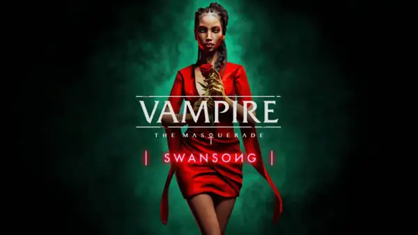 Kobieta w czerwonej sukni trzyma złotą różę. Nad nią logo "Vampire The Masquerade Swansong".