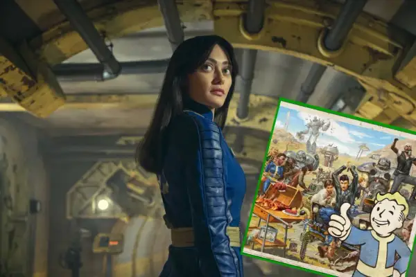 Kobieta w niebieskim kombinezonie obok obrazka z postaciami z gry Fallout.