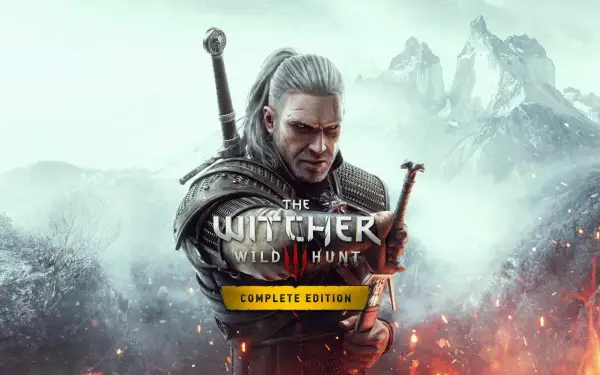 Geralt z Rivii, wiedźmin, w zbroi z dwoma mieczami. Na tle gór i płomieni. Okładka gry Wiedźmin 3 Edycja Kompletna.