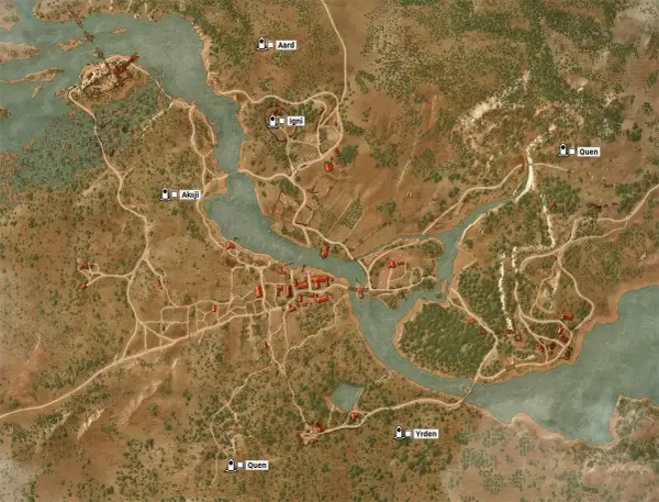 Mapa z Wiedźmin 3: Dziki Gon. Widoczne znaki: Aard, Igni, Aksji, Quen, Yrden.