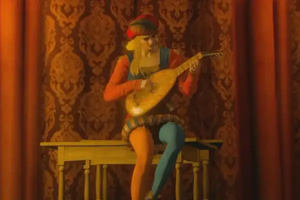 Priscilla z Wiedźmina gra na lutni, ubrana w barwne, jaskrawe stroje.