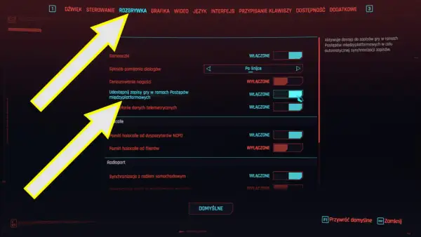 Ustawienia gry Cyberpunk 2077, zakładka Rozgrywka. Możliwość włączenia udostępniania zapisów gry w ramach postępów międzyplatformowych, co jest kluczowe dla cyberpunk save location.