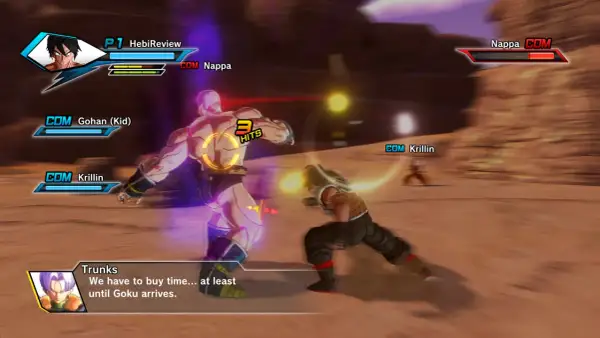 W grze Dragon Ball Z: Kakarot, Nappa walczy z Gohanem (Kid). W tle widać niebieskiego smoka.