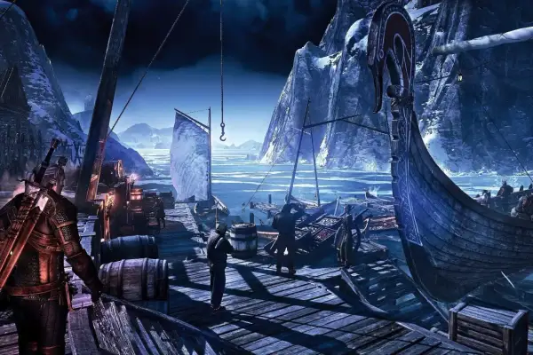 Nocny port na Skellige. Widać wikingów, łodzie i surowe, zimowe krajobrazy.
