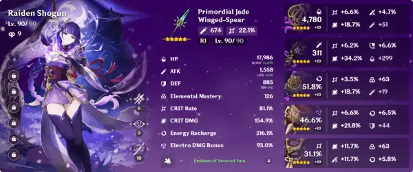 Raiden Shogun z Genshin Impact, wyposażona w Włócznię z Jadeitu, z imponującymi statystykami i artefaktami Emblem of Severed Fate.