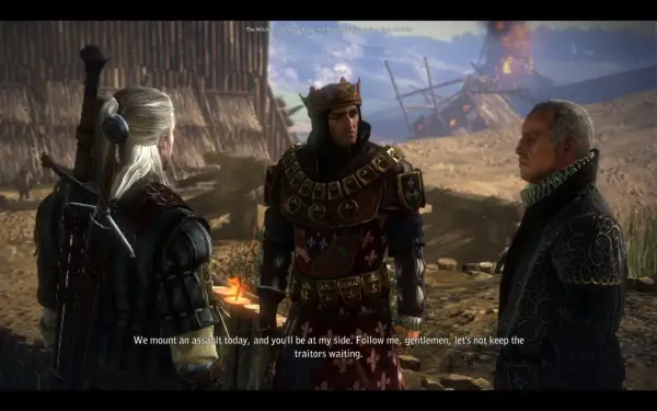 Geralt, król w koronie i szlachcic rozmawiają na tle obozu wojskowego. Król zapowiada atak, by ukarać zdrajców Temerii.