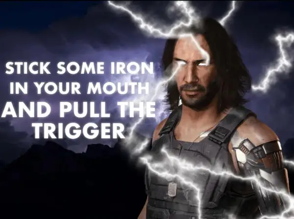 Johnny Silverhand cytaty: "Stick some iron in your mouth and pull the trigger." Mroczny, burzowy krajobraz i błyskawice podkreślają jego postać.