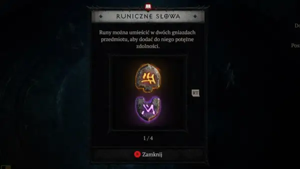 Diablo 2 słowa runiczne: dwie runy, jedna żółta, druga fioletowa, czekają na umieszczenie w gnieździe przedmiotu.