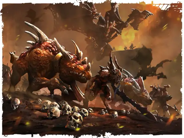 Potwory i wojownicy Khorne na tle płonącego pola bitwy, wśród stosów czaszek.