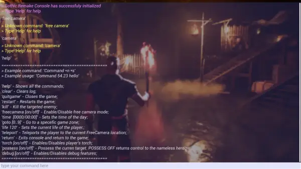 Konsola Gothic Remake wyświetla listę komend, w tym te do manipulacji kamerą i życia postaci, przydatne przy używaniu gothic 2 kody.