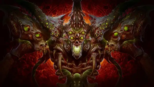 Potworna istota z wieloma oczami i czaszkami, idealna do recenzji Diablo 4.