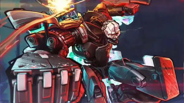 Adam Smasher, potężny cyborg z Cyberpunk 2077, w akcji. Jego mechaniczne ciało lśni w czerwonym i niebieskim świetle.