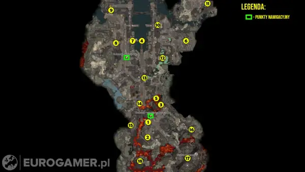 Mapa Baldur's Gate 3: Podmrok - starożytna kuźnia i Kuźnia adamantyny. Punkty nawigacyjne zaznaczone żółtymi kółkami.