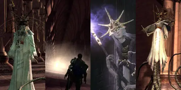 Gwyndolin z Dark Souls w białej szacie, z łukiem i wężowym ogonem, oraz postać z laską i koroną.