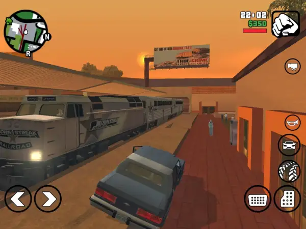 Pociąg na stacji w GTA SA Android. Spolszczenie gry działa, a na ekranie widać elementy interfejsu i mapę.