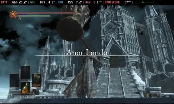 Postać z wielkim młotem przed majestatyczną katedrą w Anor Londo.